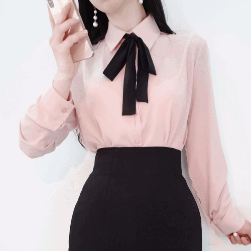 [기획특가+무배]블랙 리본타이 카라 셔츠 심플 베이직 쉬폰 블라우스/3color