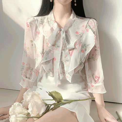 바이엘라 플라워 꽃무늬 시스루 쉬폰 프릴 리본 블라우스/3color