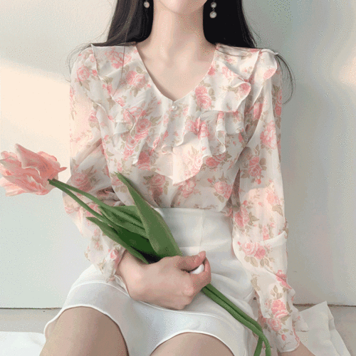 도랑 플라워 꽃무늬 쉬폰 시스루 러플 봄블라우스/3color