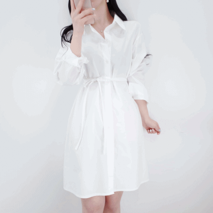 [무료배송]라이 허리끈 미니 셔츠 원피스/2color (오피스룩 여친 로맨틱 봄)