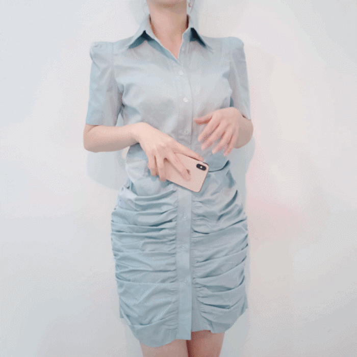 [무료배송]링링 셔츠 셔링 슬림핏 어깨패드 미니 원피스/2color (하객 오피스룩)