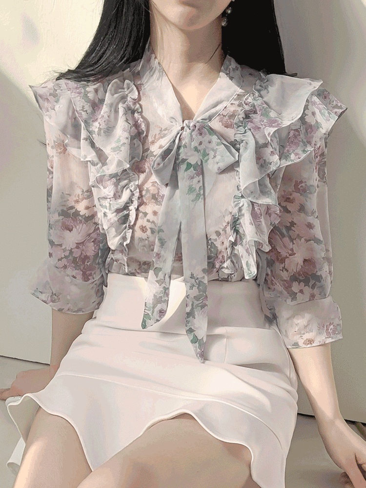 아레아 플라워 꽃무늬 시스루 쉬폰 프릴 7부 블라우스/2color
