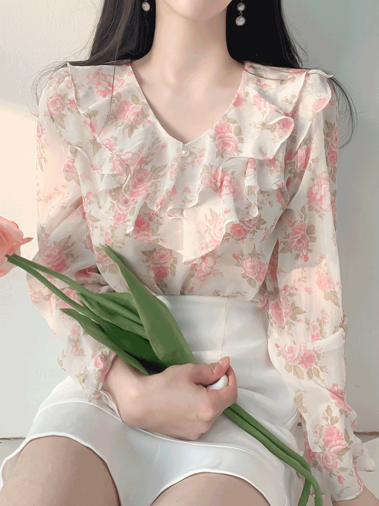 도랑 플라워 꽃무늬 쉬폰 시스루 러플 봄블라우스/3color