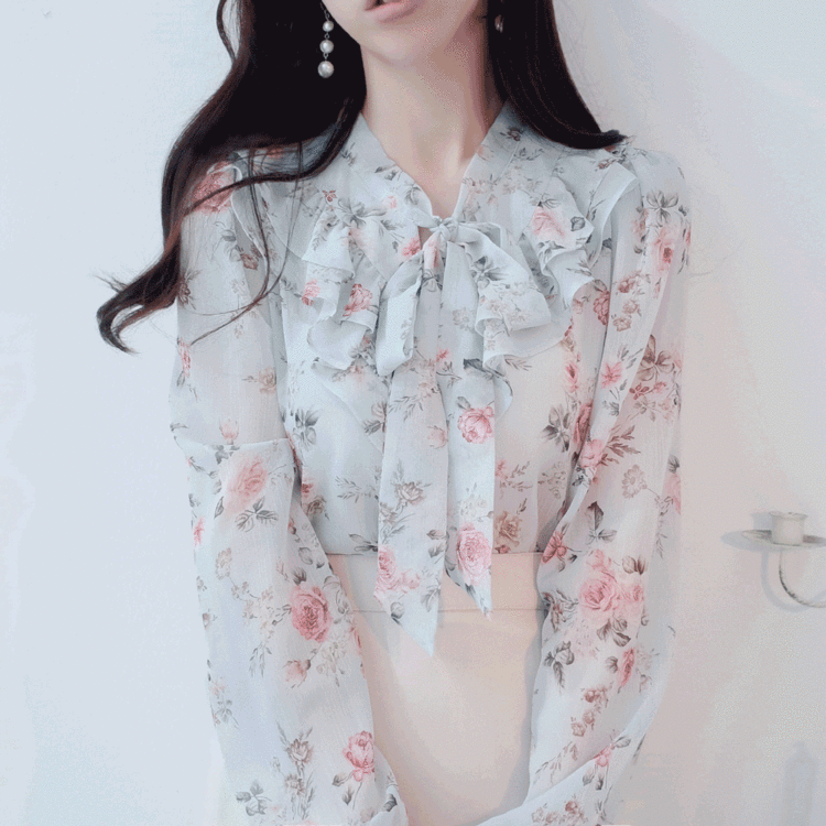 나텔리 플라워 꽃무늬 봄 시스루 쉬폰 프릴 리본 블라우스/4color