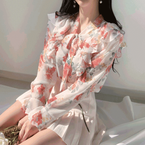 테일 플라워 꽃무늬 봄 시스루 쉬폰 프릴 리본 블라우스/3color