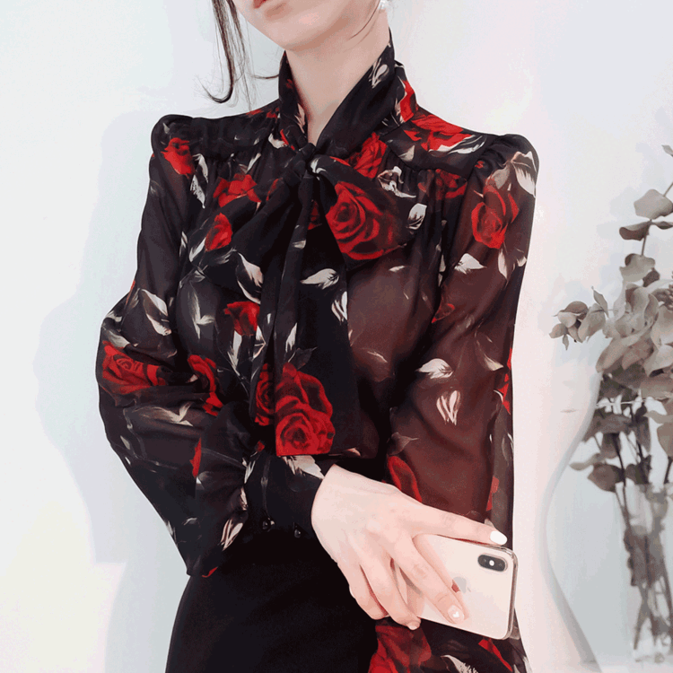 엔나 플라워 꽃무늬 시스루 왕리본 퍼프블라우스/2color